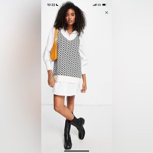 River Island hybrid poplin dress with knitted monogram tank in cream NWT size L